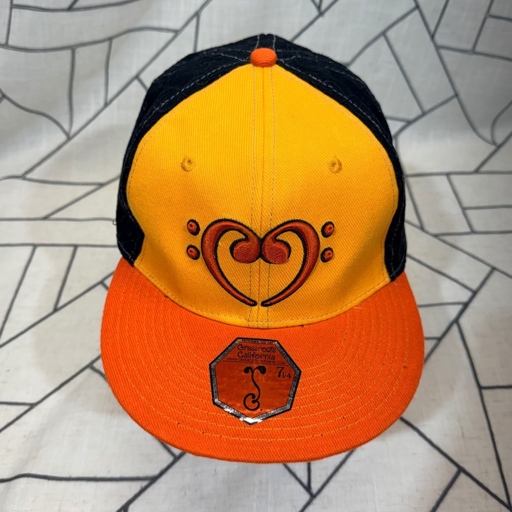 Grassroots California Fitted Hat 7 1/4 Orange Yellow Vibe Squad Bass Clef Heart